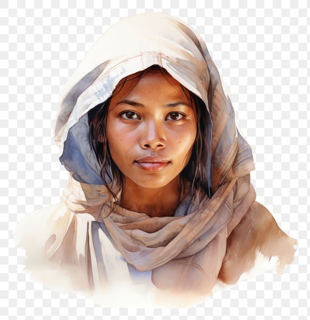 PNG Ordinary southeast asian woman watercolor portrait scarf photo. AI generated Image by rawpixel.