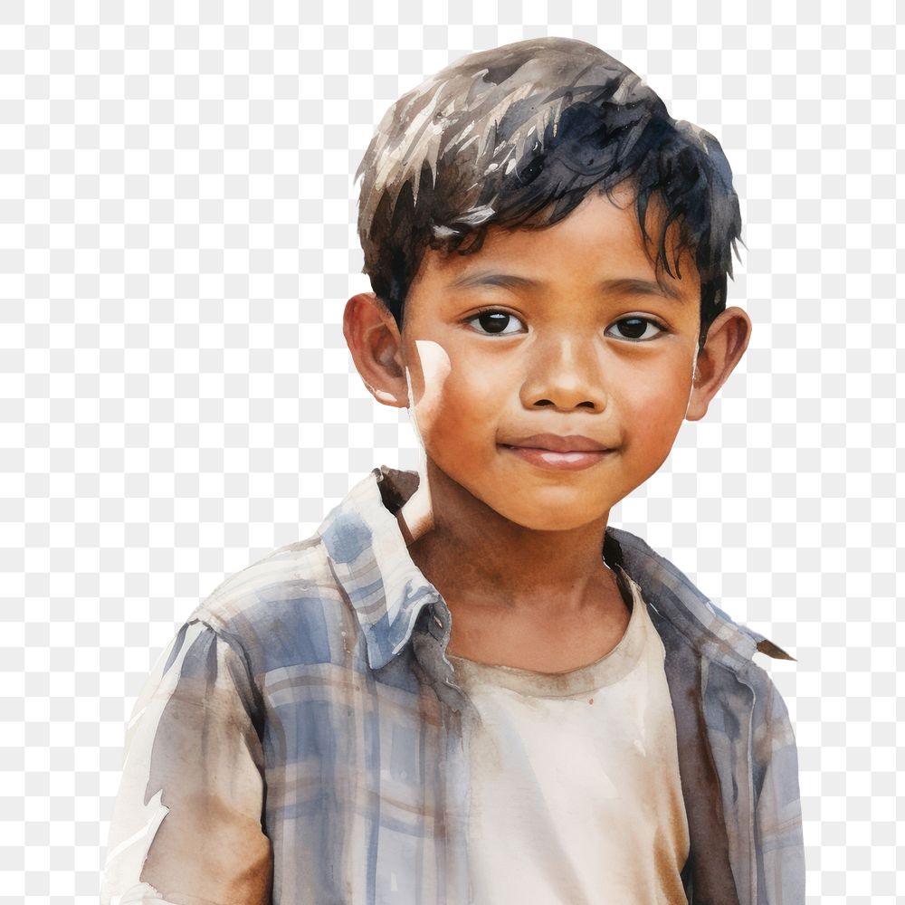 PNG Southeast asian boy watercolor portrait child photo. AI generated Image by rawpixel.