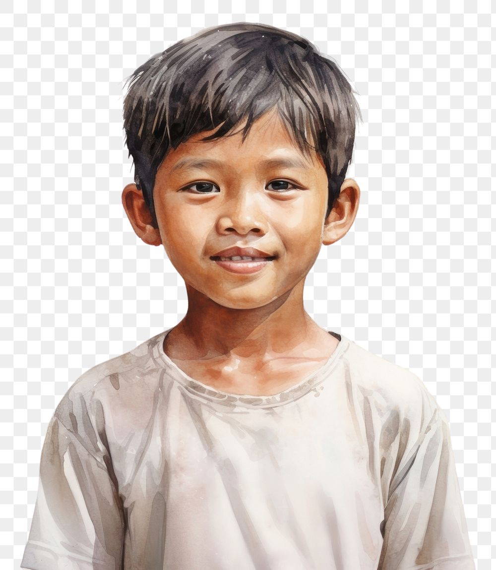 PNG Southeast asian boy watercolor portrait child photography. AI generated Image by rawpixel.