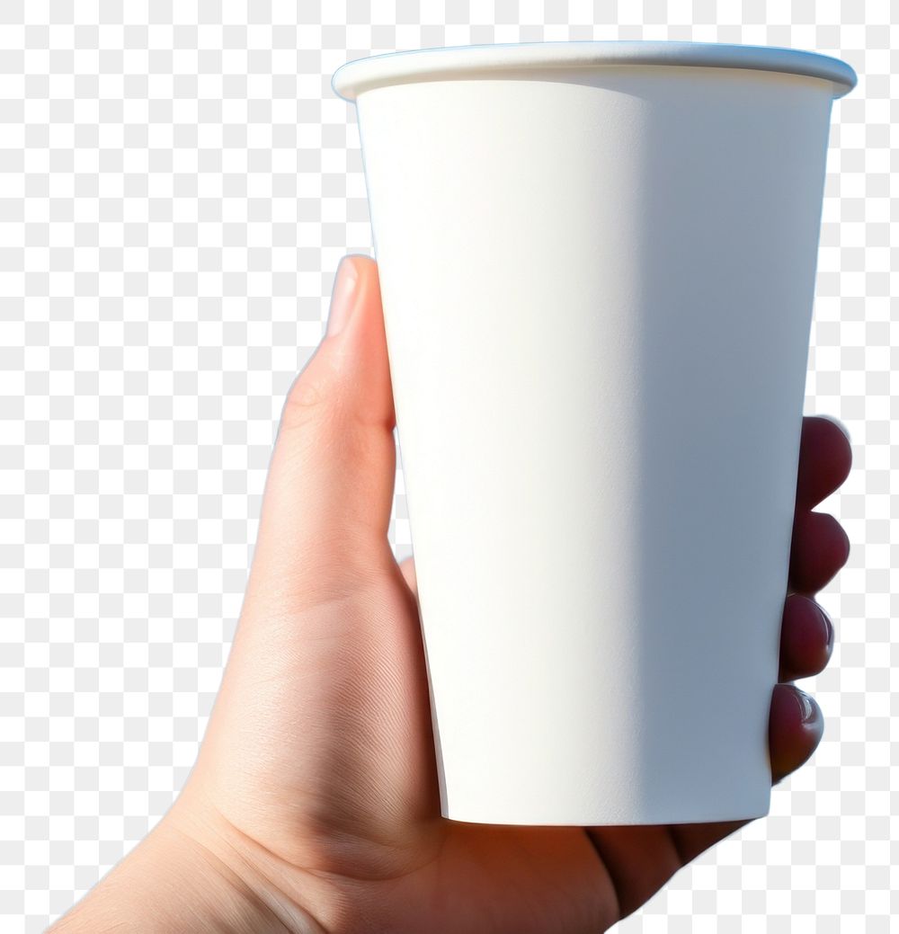 PNG White tumbler cup holding coffee. 