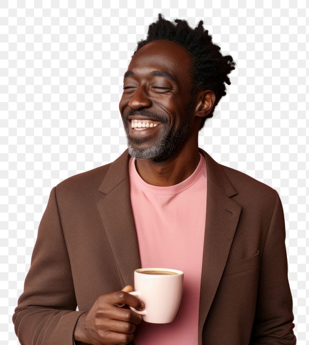 PNG  Man drinking tea laughing smiling coffee. AI generated Image by rawpixel.