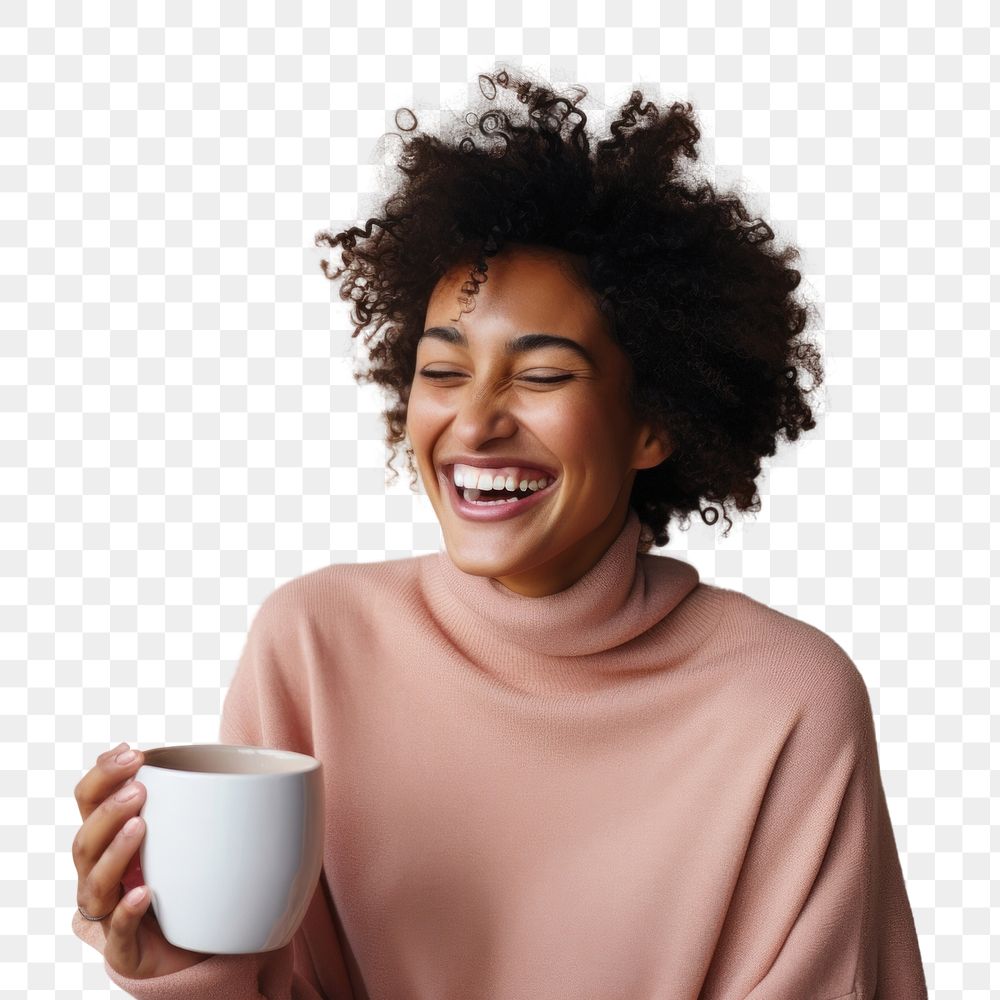 PNG  Woman drinking tea laughing smiling smile. AI generated Image by rawpixel.