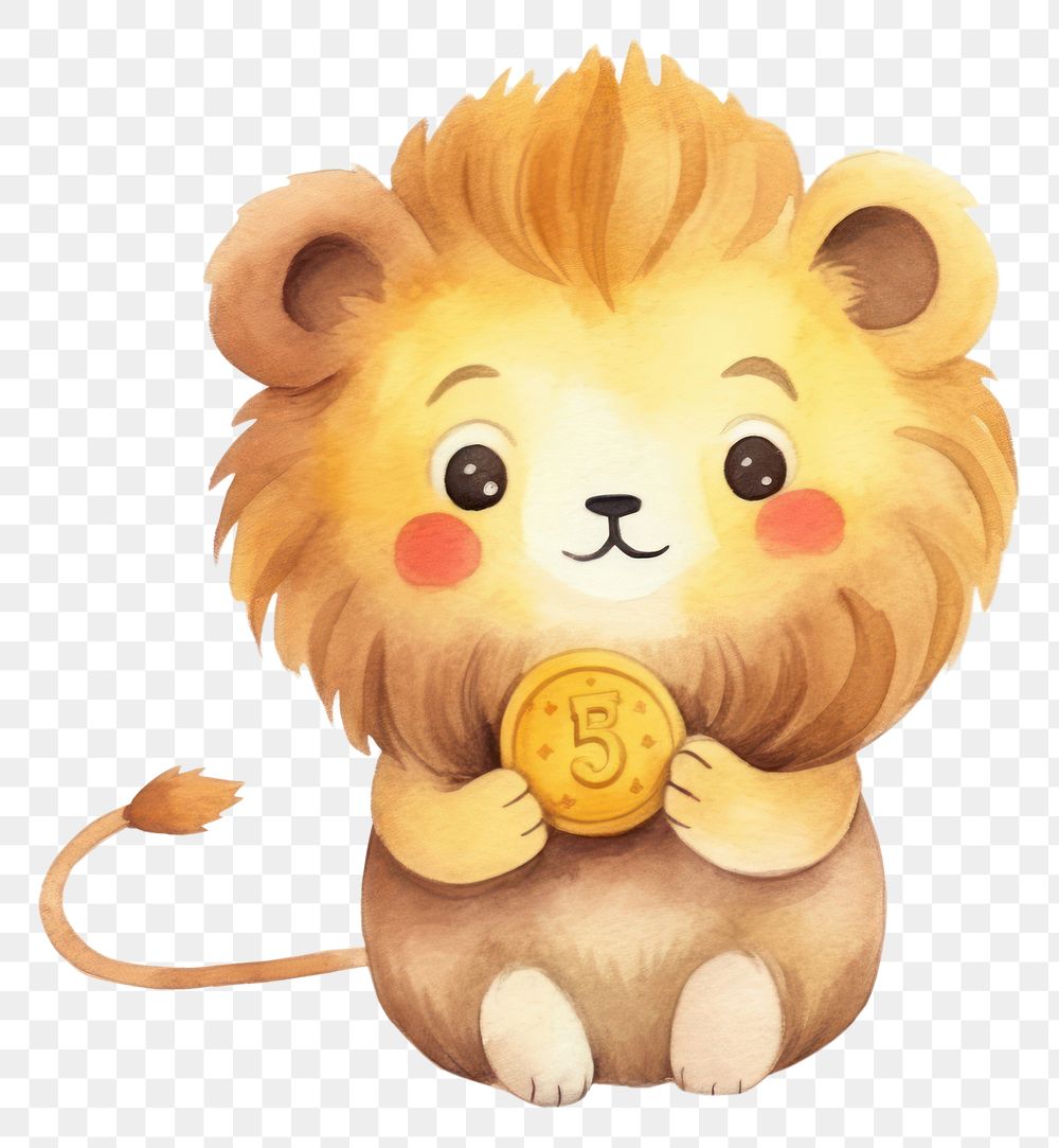 PNG Cute lion holding gold us coin animal cartoon mammal. 