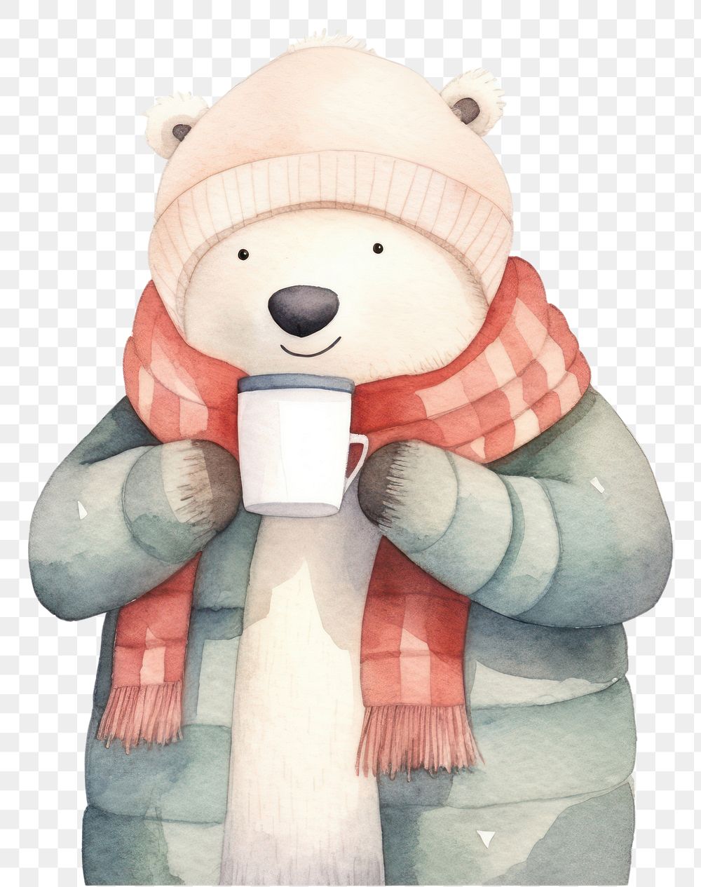 PNG Polar bear wearing a winter outfit snowman cartoon toy. 