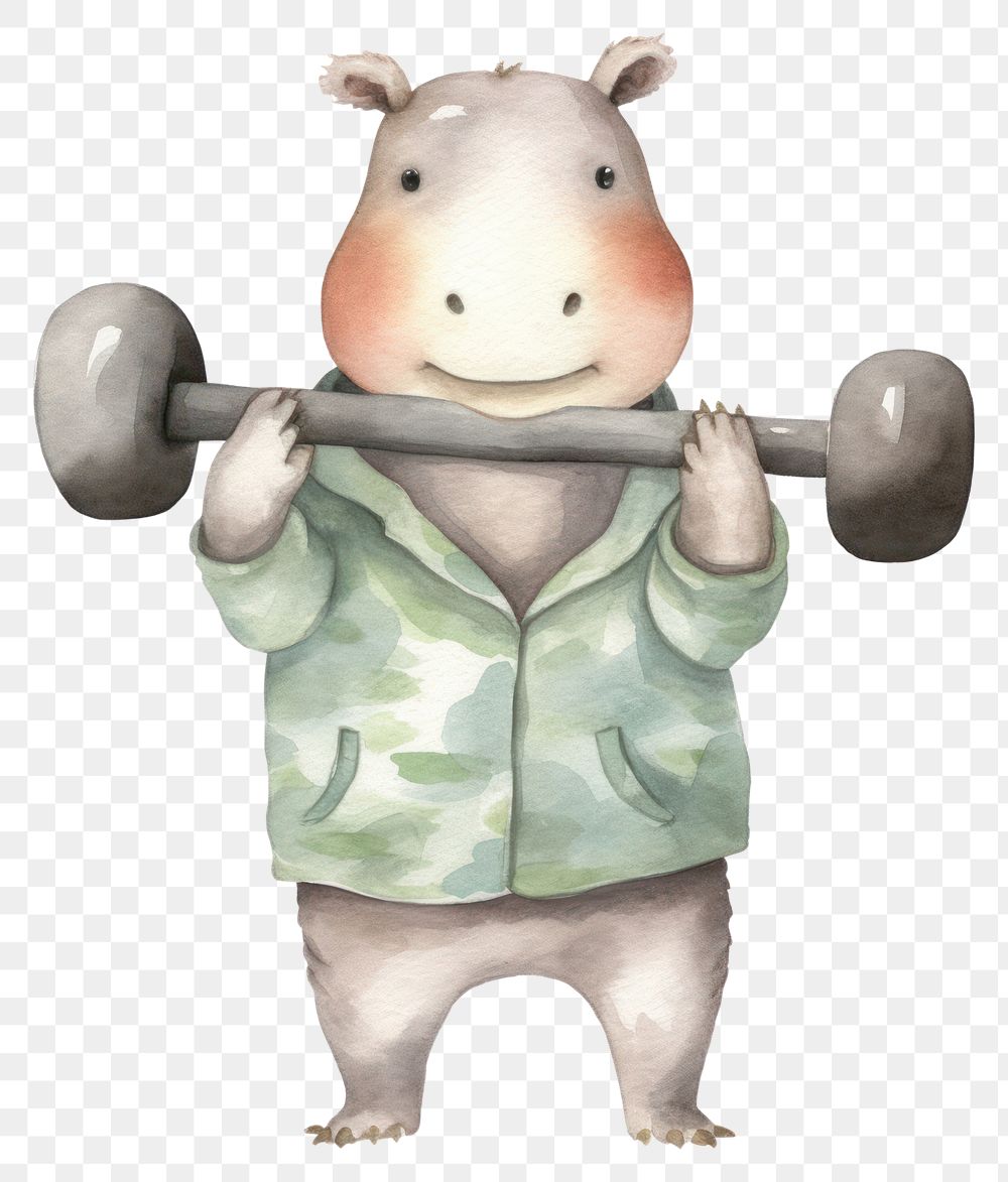 PNG Hippopotamus lifting dumbbells cartoon white background representation. 