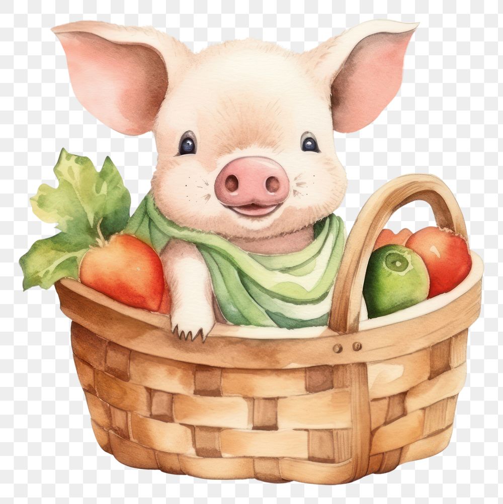 PNG Cute pig holding vegetable busket cartoon mammal basket. AI generated Image by rawpixel.