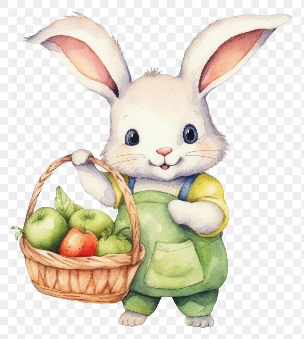 PNG Cute rabbit holding vegetable busket cartoon basket mammal. 