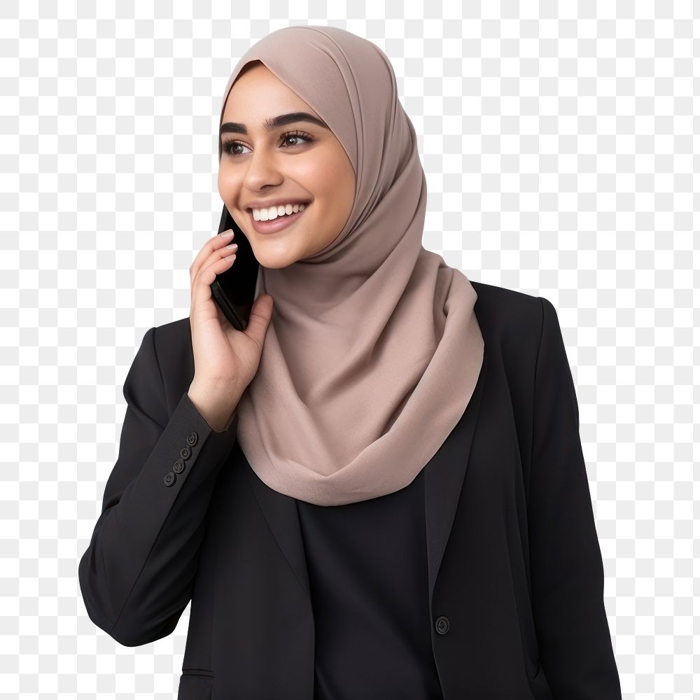 PNG Young Muslim woman calling mobile phone smiling scarf adult. AI generated Image by rawpixel.