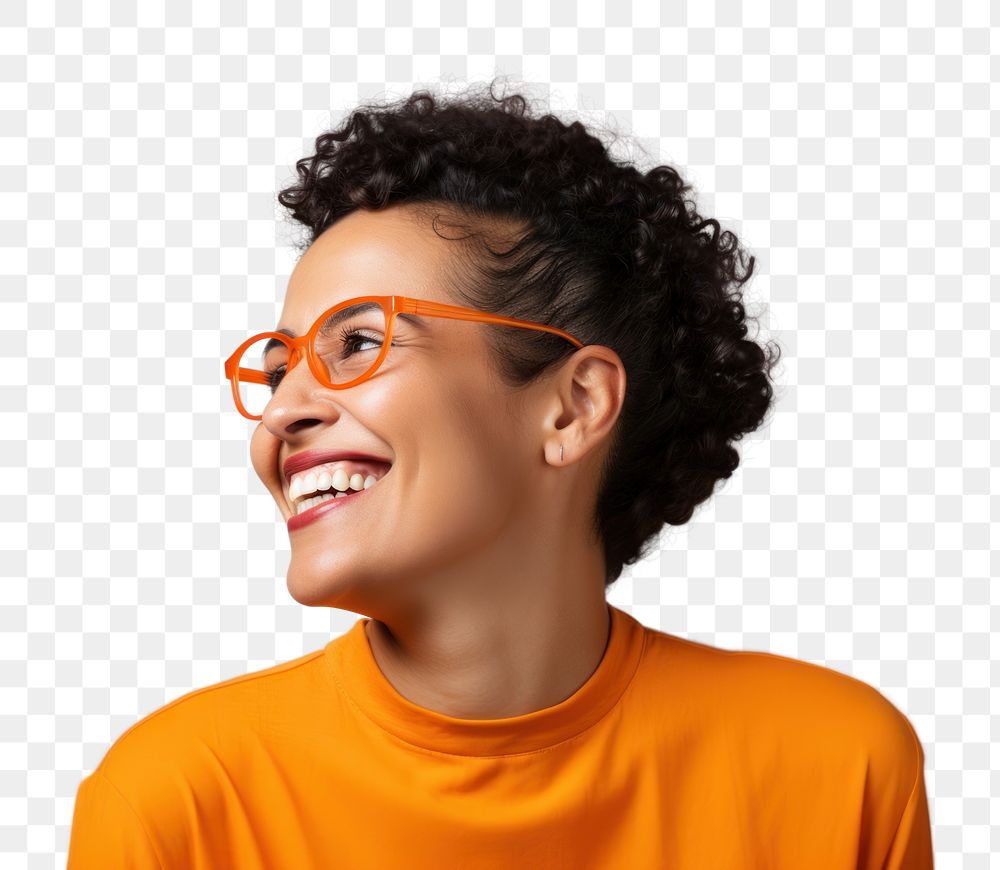 Happy woman png orange eyeglasses, transparent background AI generated Image by rawpixel