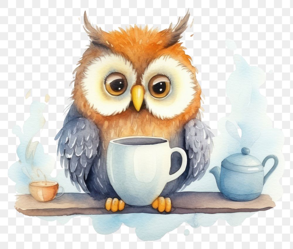 PNG Owl drinking coffee painting animal bird. AI generated Image by rawpixel.