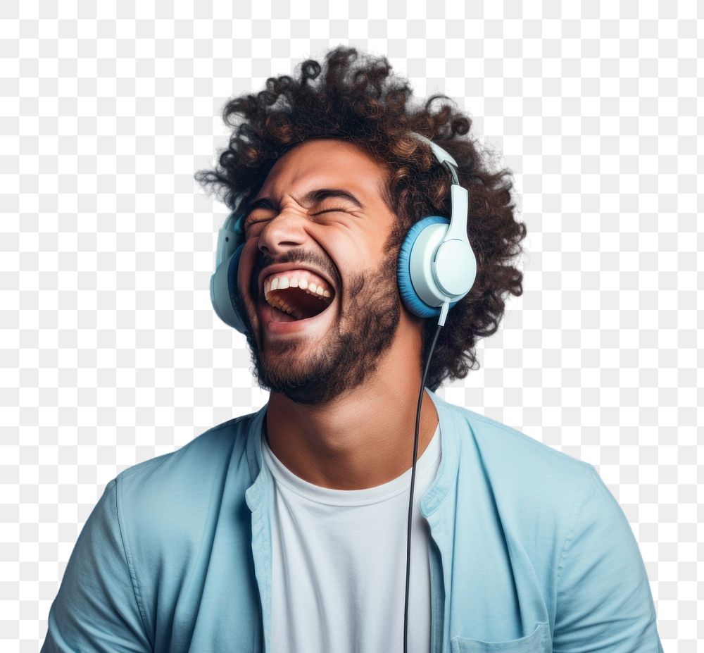 PNG Man wearing headphones laughing headset smiling. AI generated Image by rawpixel.