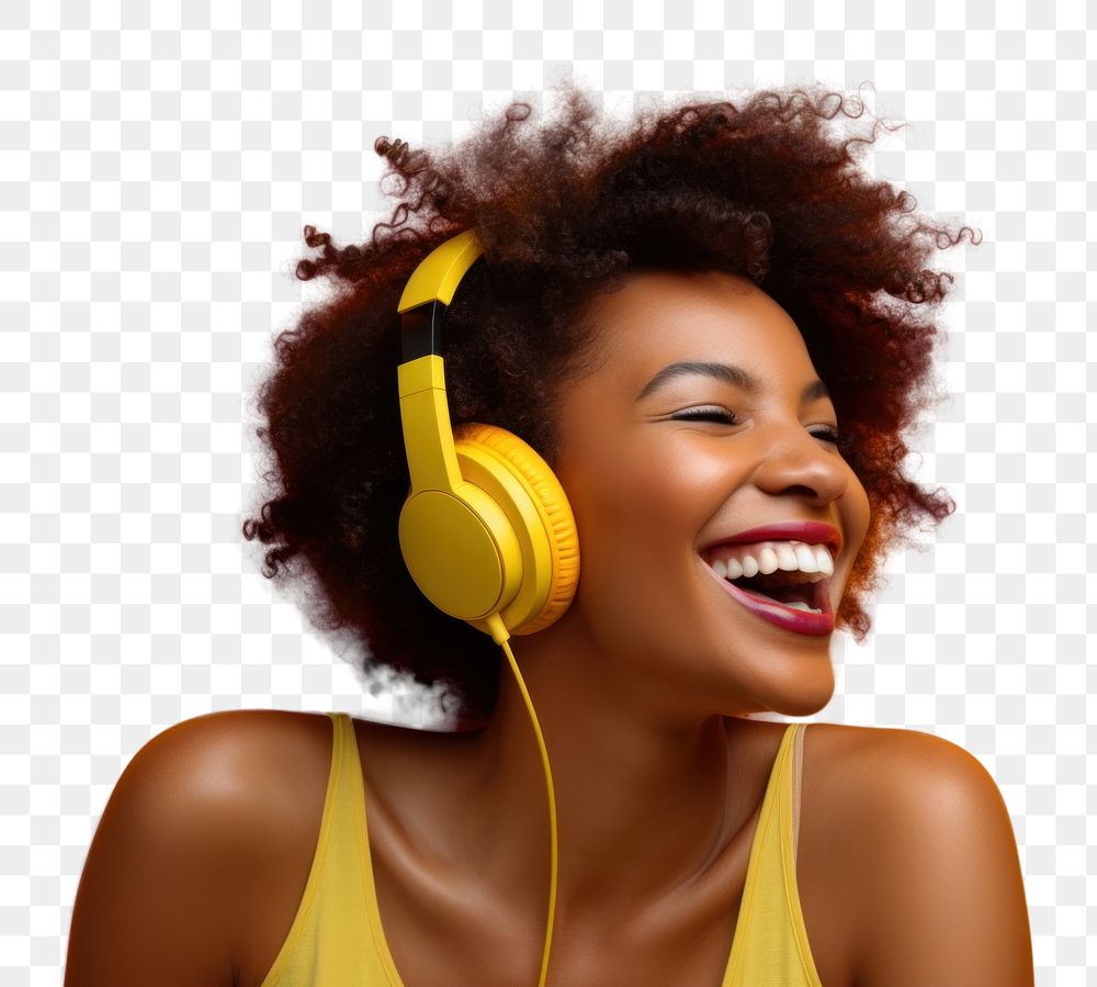 PNG Woman wearing headphones laughing headset smiling. AI generated Image by rawpixel.