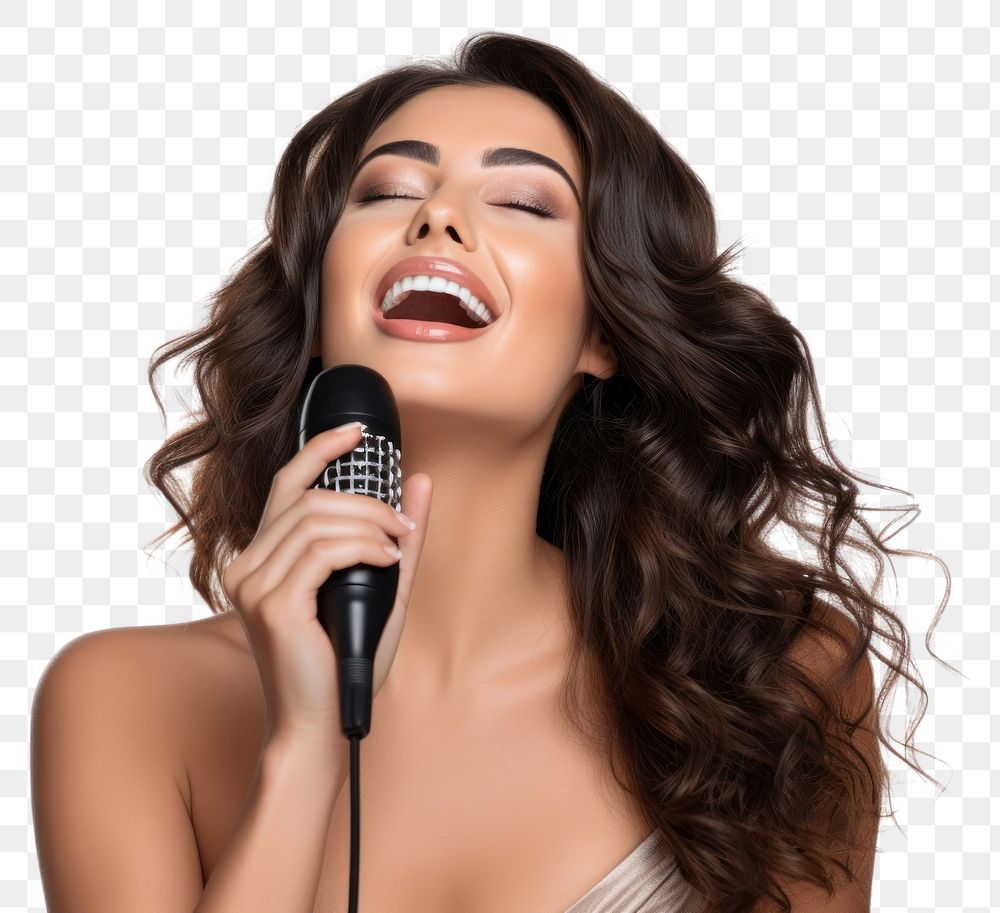 PNG Half body woman singing microphone laughing adult. AI generated Image by rawpixel.