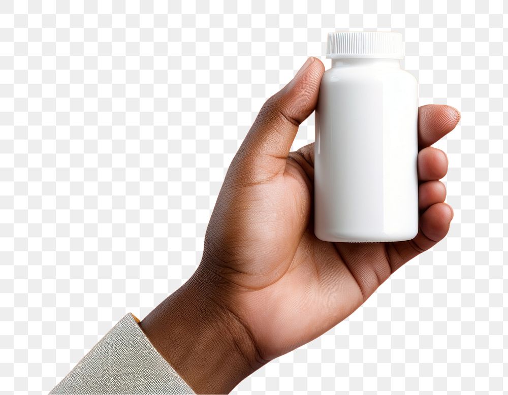 PNG Hand holding pill bottle milk medication container. AI generated Image by rawpixel.