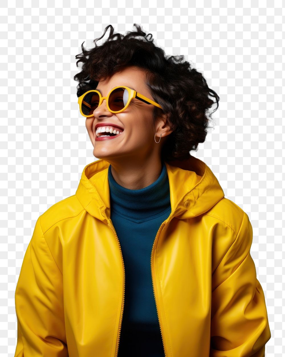 PNG A woman wearing glasses jacket laughing yellow. AI generated Image by rawpixel.