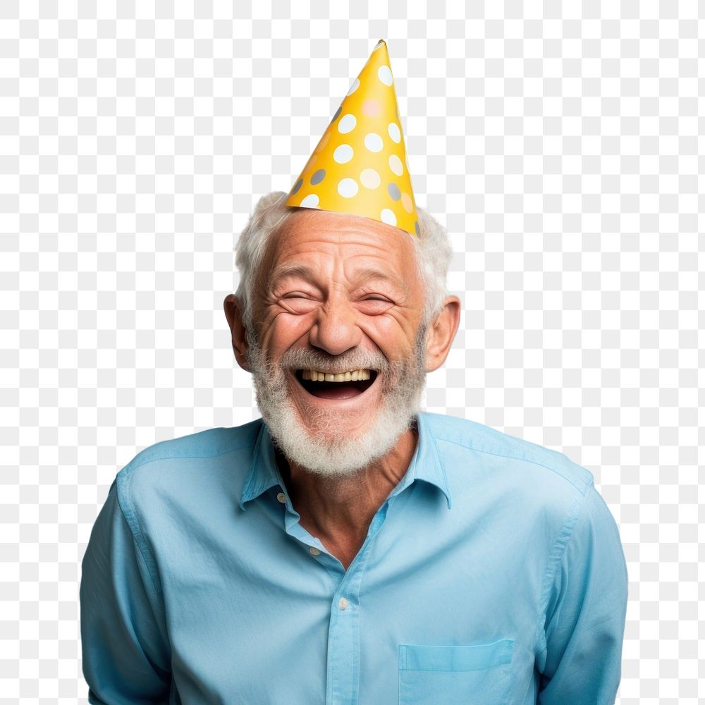 PNG Man short hair wearing party hat laughing adult blue. 