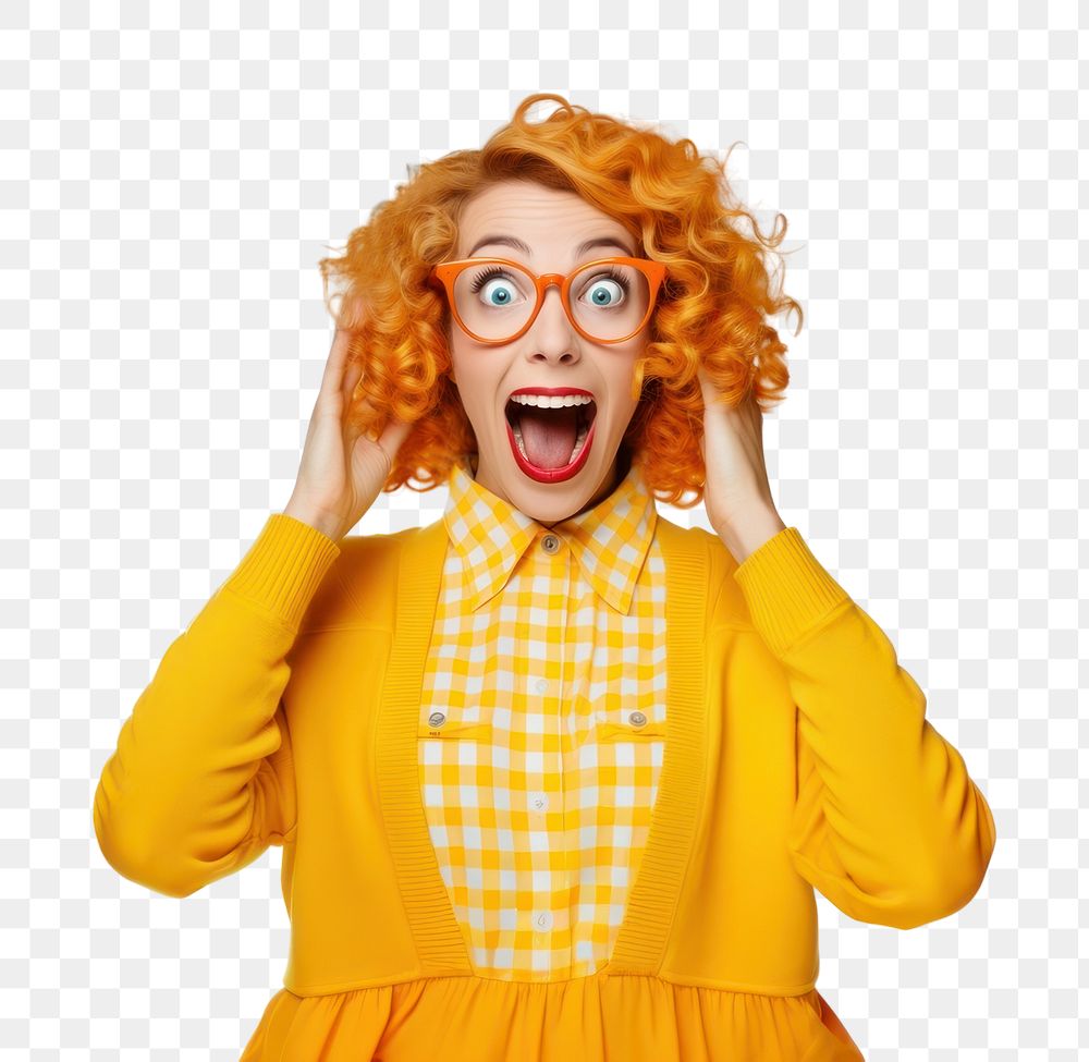 PNG surprised woman in yellow outfit. AI generated image by rawpixel.