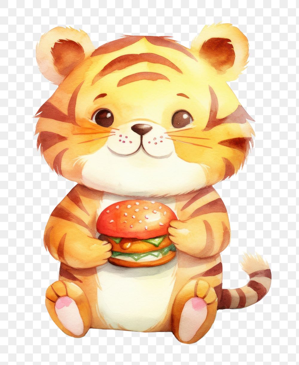 PNG Cute tiger eating a burger cartoon food representation. AI generated Image by rawpixel.