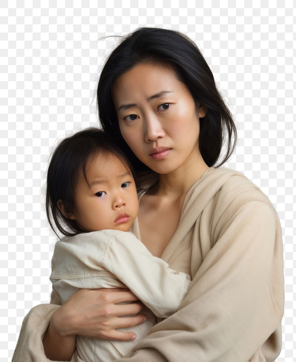 PNG Stressed asian mother portrait hugging family. AI generated Image by rawpixel.