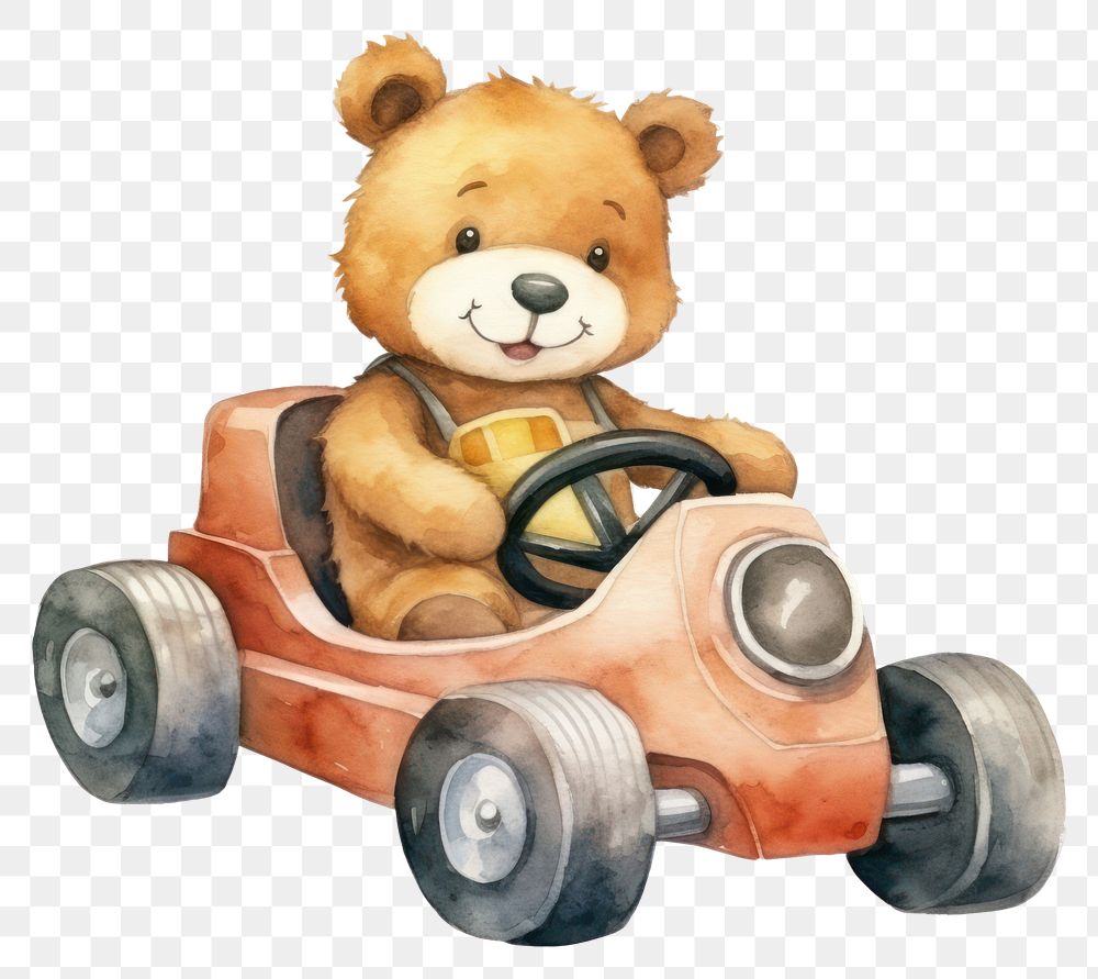 PNG Cute bear driving vehicle car toy. 