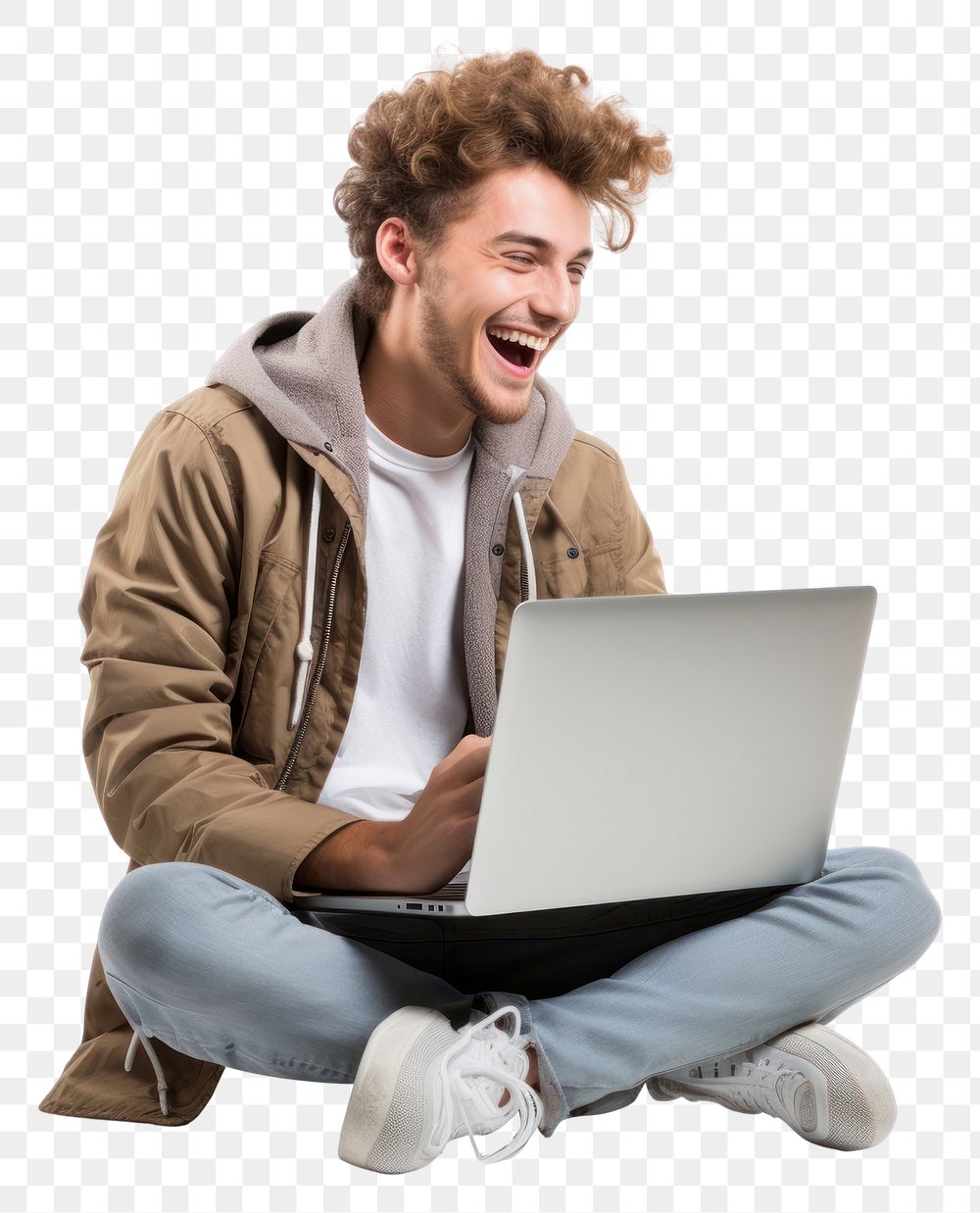 PNG Male student sitting laptop laughing. AI generated Image by rawpixel.