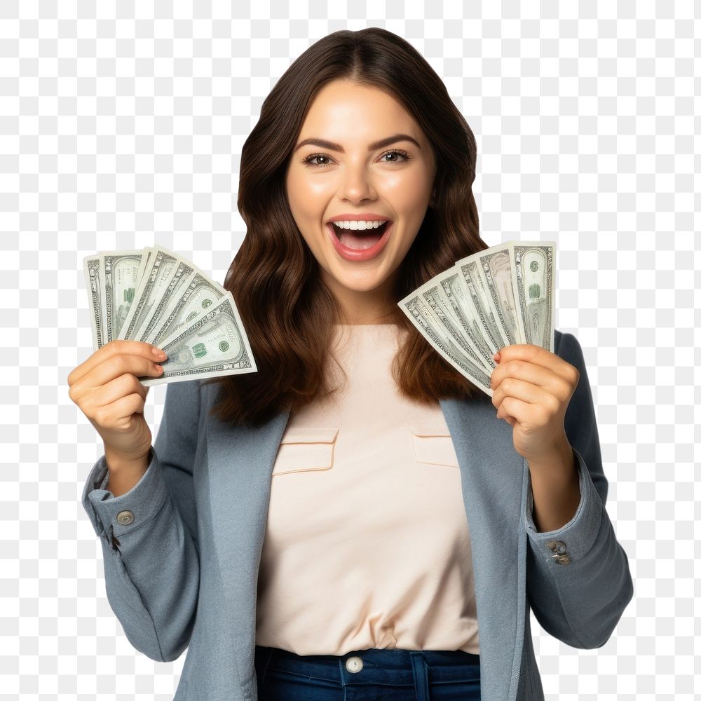 PNG Young woman cheerful banknote portrait. AI generated Image by rawpixel.