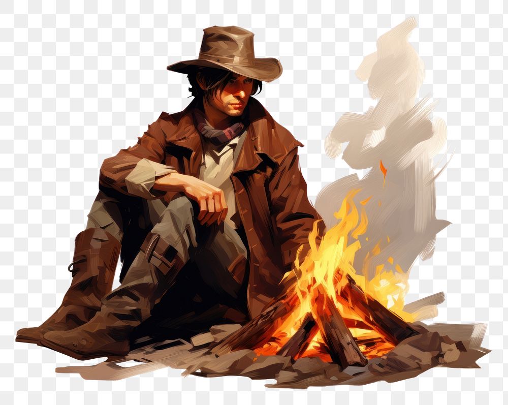 PNG Campfire cowboy concept drawing adult fireplace. AI generated Image by rawpixel.