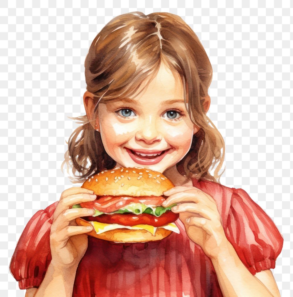 PNG Girl eating burger biting child food. 