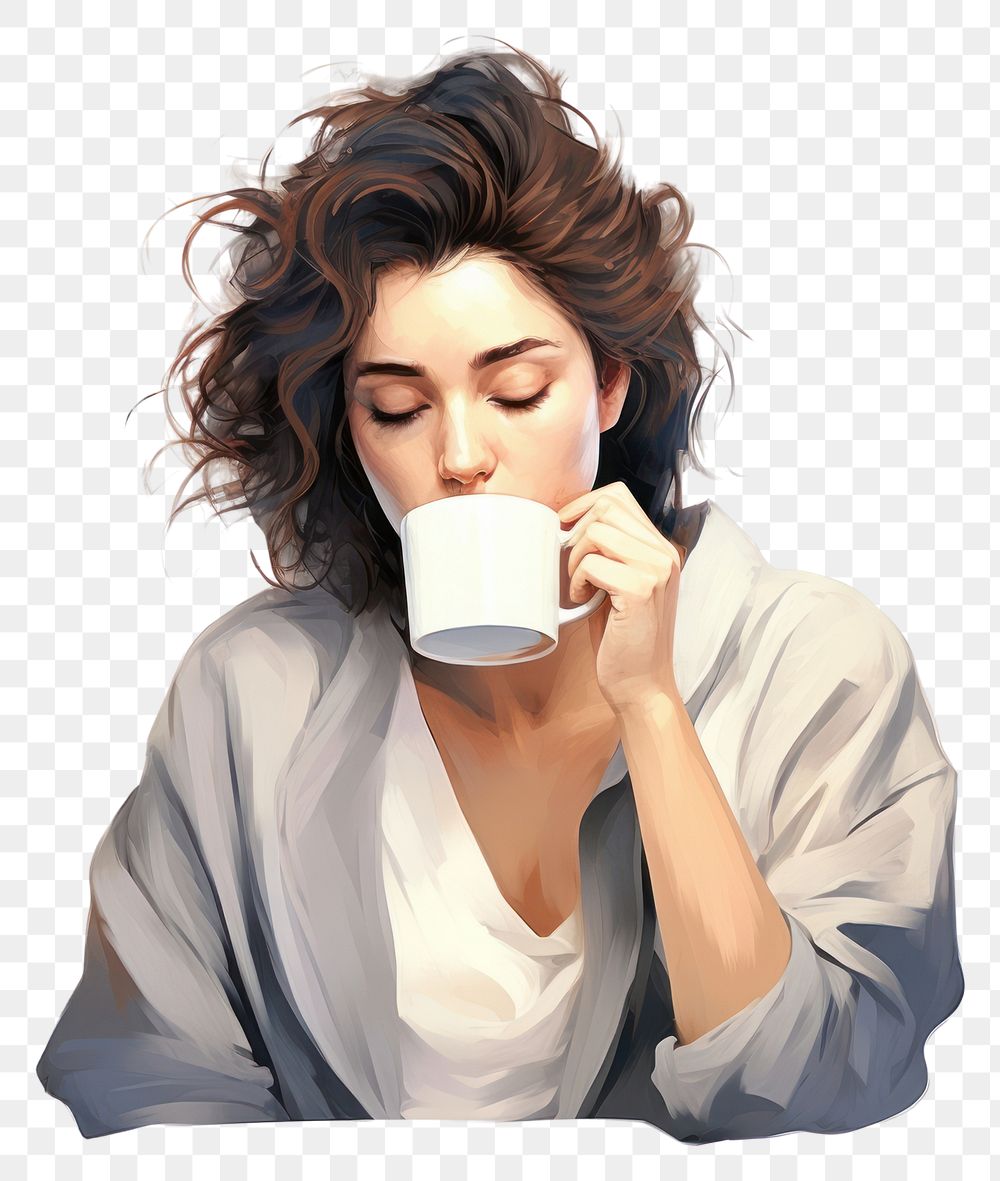 PNG Sleepy woman drinking coffee cup mug white background. AI generated Image by rawpixel.