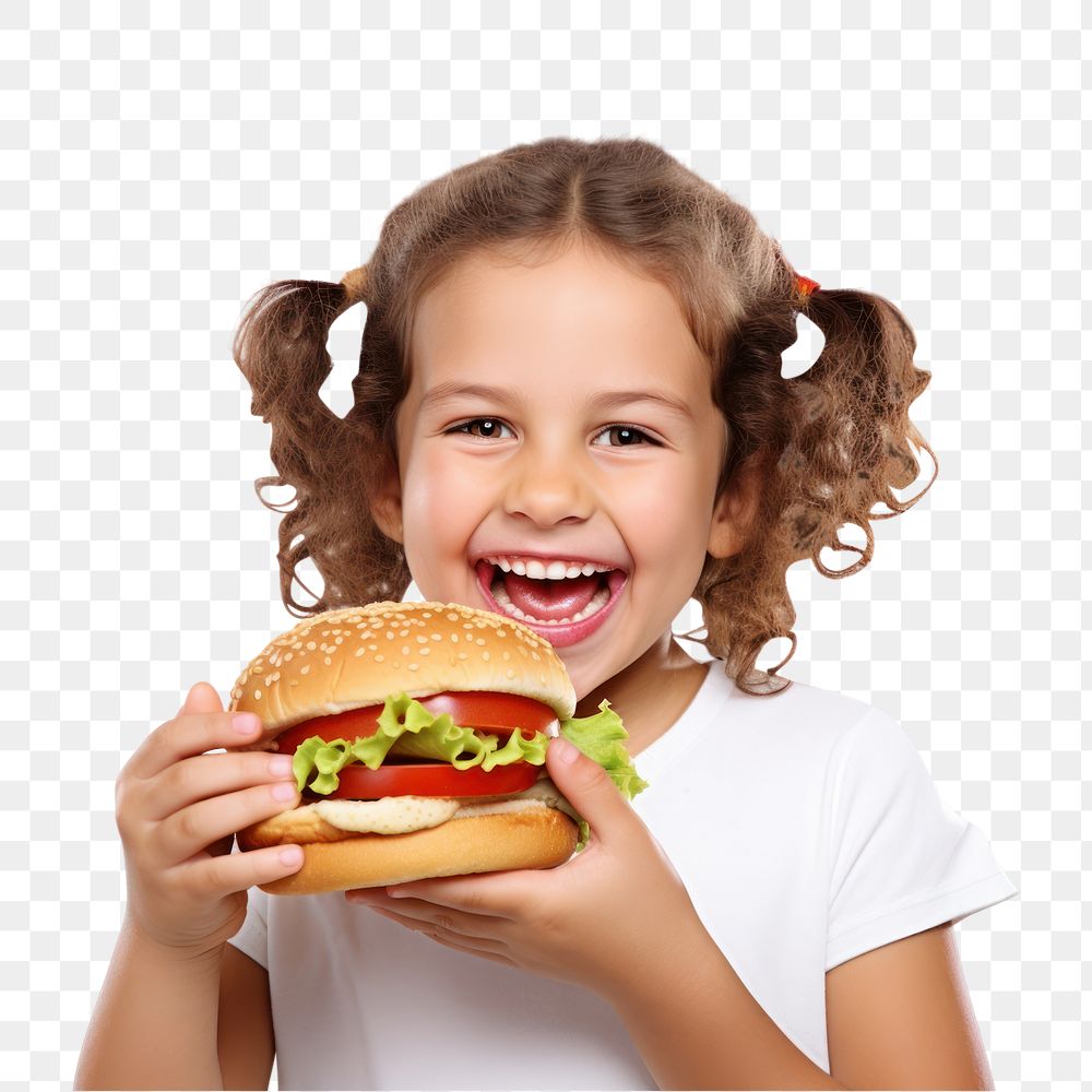 PNG Girl eating burger child food white background. AI generated Image by rawpixel.