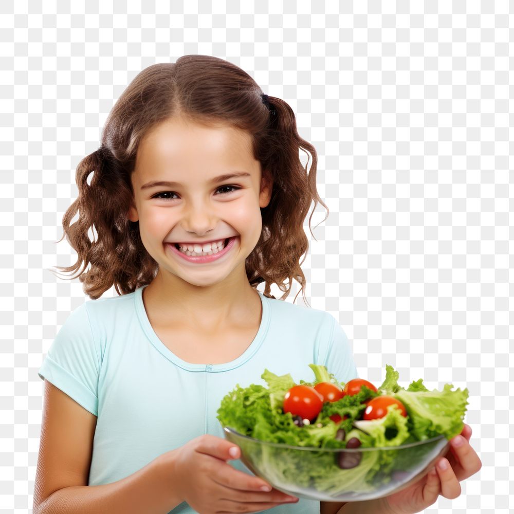 PNG Girl eating salad child smile happy. AI generated Image by rawpixel.