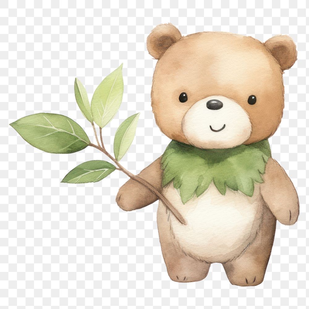 PNG Cute bear holding plant cartoon toy  