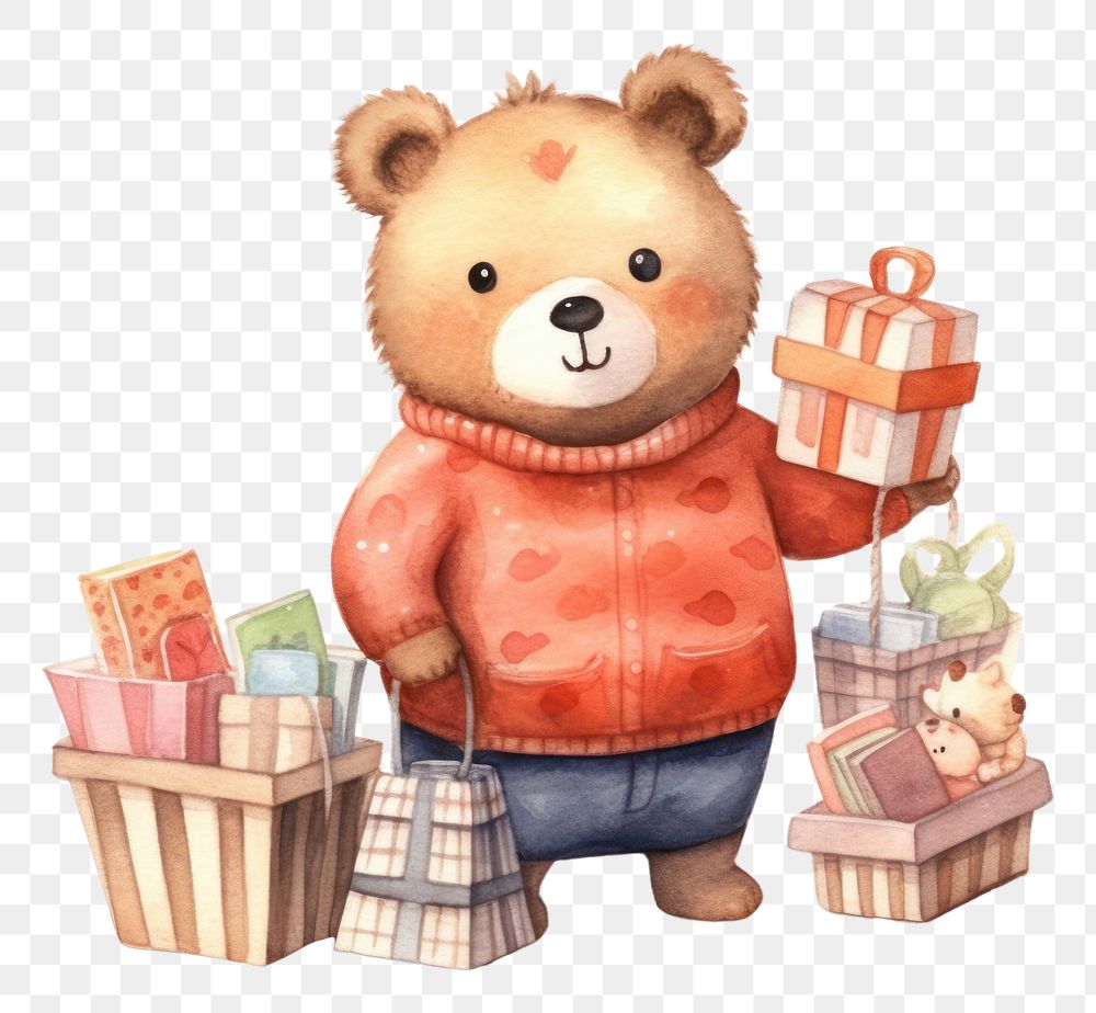 PNG Cute bear shoping cartoon toy white background. AI generated Image by rawpixel.