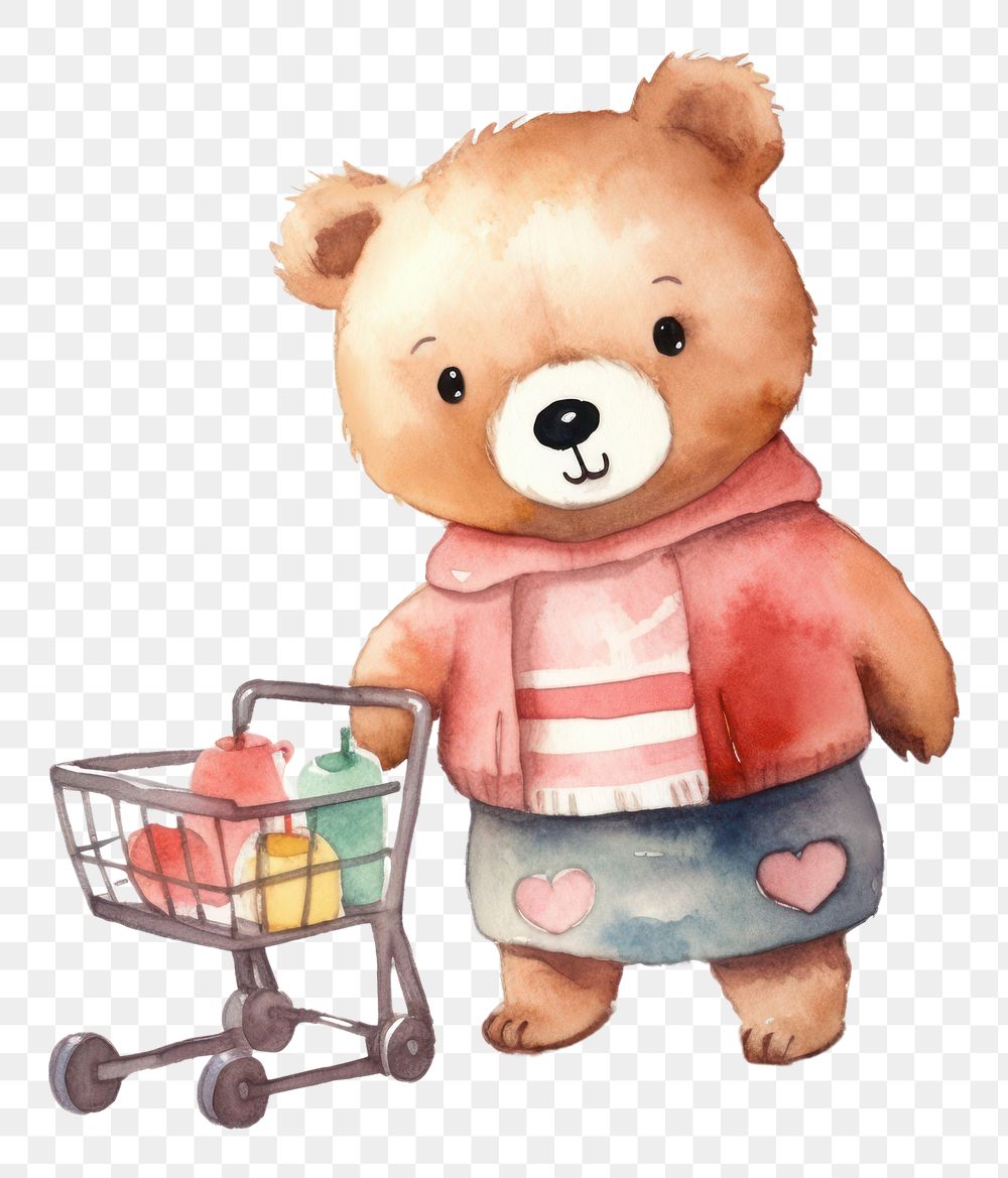 PNG Cute bear shoping cartoon toy white background. AI generated Image by rawpixel.
