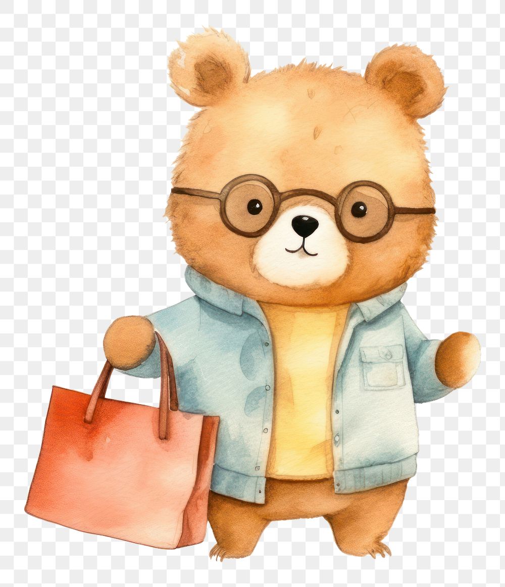 PNG Cute bear wearing shop bag cartoon toy  