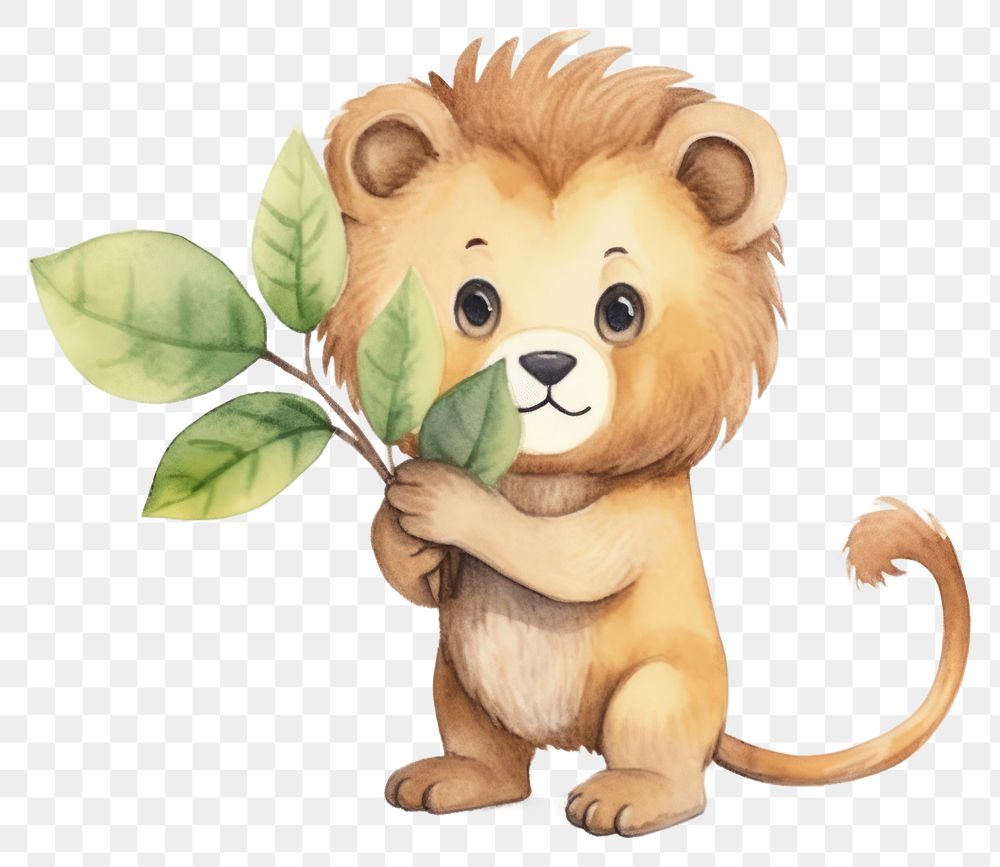 PNG Cute lion holding plant animal cartoon mammal. 