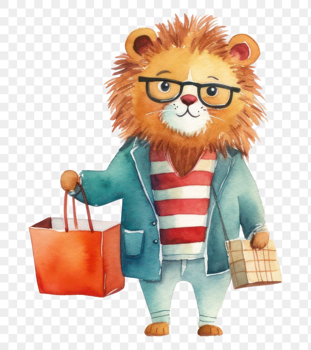 PNG Cute lion shopping cartoon toy white background. AI generated Image by rawpixel.