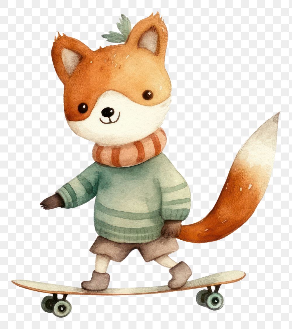 PNG Fox playing skateboard cartoon toy white background. AI generated Image by rawpixel.