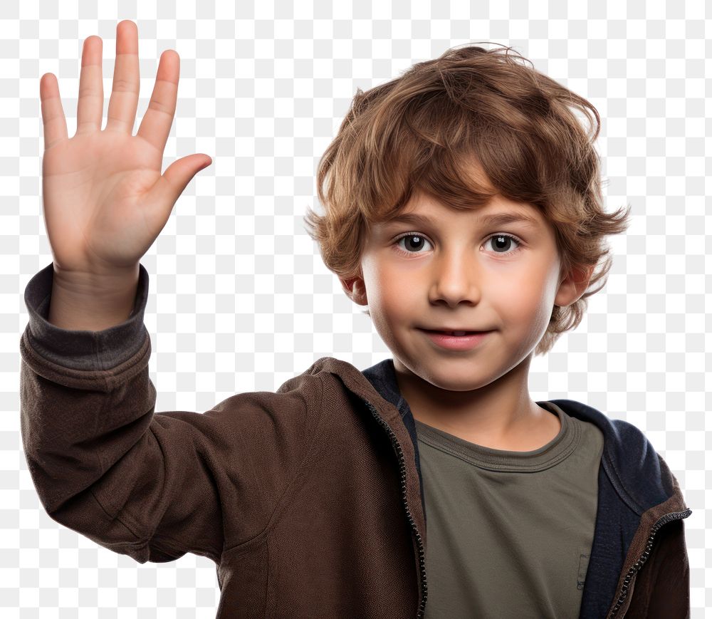 PNG  Young Boy Raising Hand hand portrait child. AI generated Image by rawpixel.