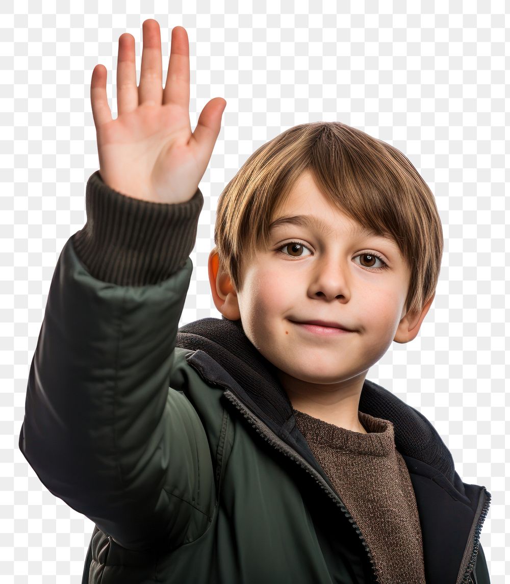 PNG  Young Boy Raising Hand hand portrait child. AI generated Image by rawpixel.