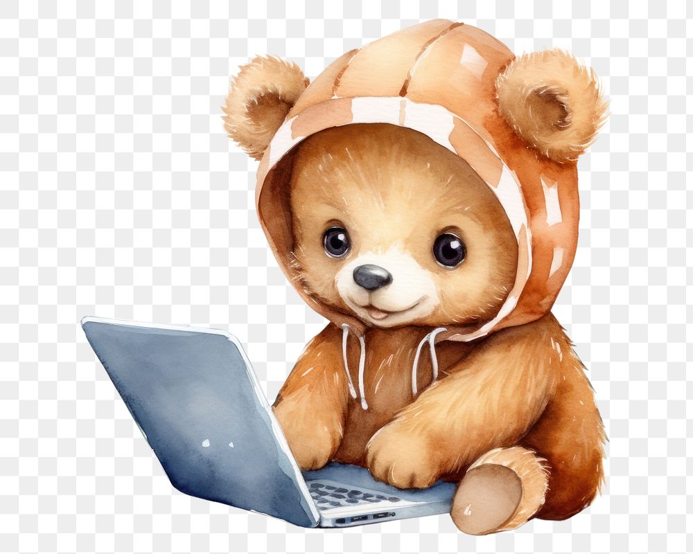 PNG Laptop computer sitting bear. AI generated Image by rawpixel.