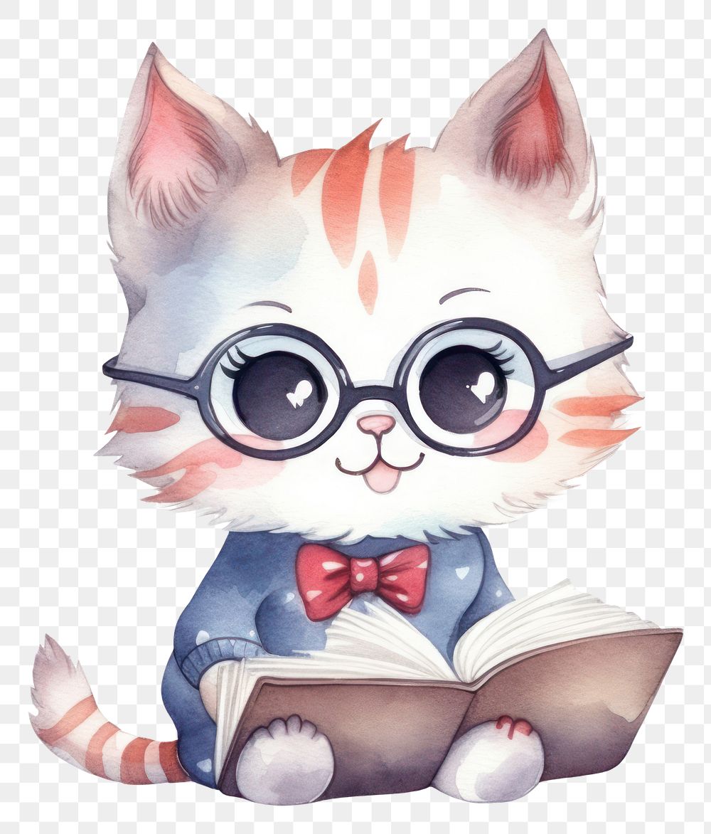 PNG Cat read a book glasses cartoon mammal. 