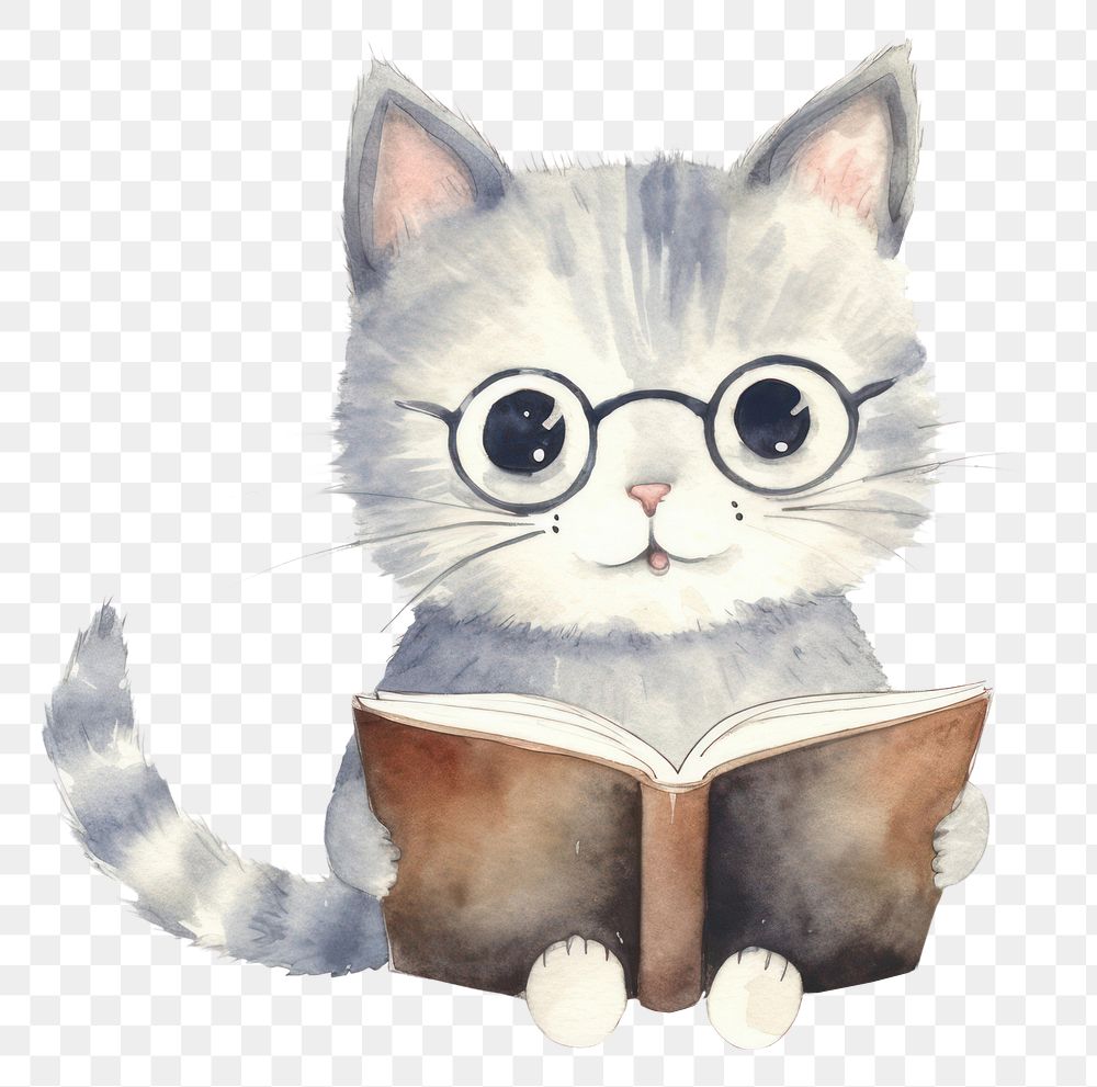 PNG Cat read a book animal reading drawing. AI generated Image by rawpixel.