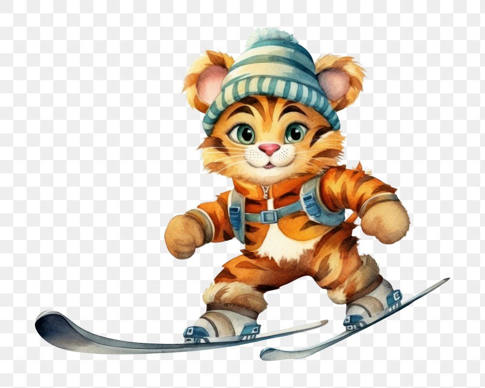 PNG Tiger skiing snow white background representation. AI generated Image by rawpixel.