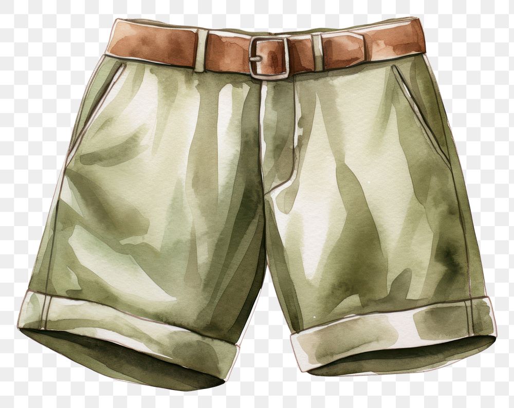 PNG Watercolor khaki shorts white background accessories underpants. AI generated Image by rawpixel.