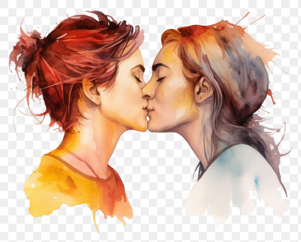 PNG Watercolor lesbian couple kissing adult affectionate togetherness. AI generated Image by rawpixel.
