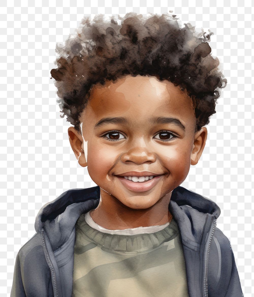 PNG Black kid watercolor portrait child smile. AI generated Image by rawpixel.