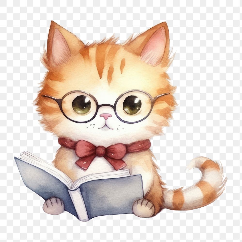 PNG Cat read a book publication reading glasses. AI generated Image by rawpixel.