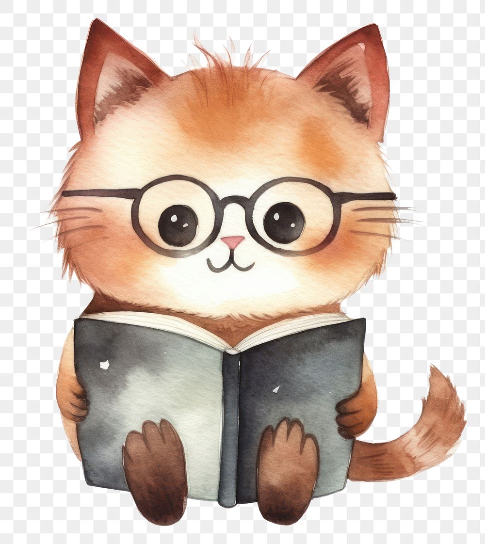 PNG Cat read a book cartoon mammal white background. AI generated Image by rawpixel.