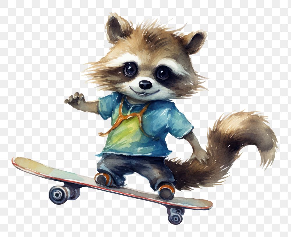 PNG Raccoon playing skateboard mammal cute representation. AI generated Image by rawpixel.